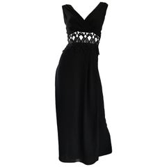 Sexy 1990s Black Cut - Out Waist Embroidered Sleeveless Vintage 90s Maxi Dress