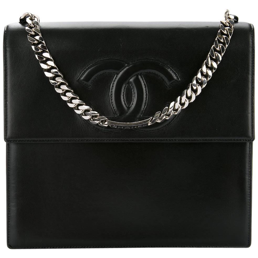 Chanel Black Leather Silver Chain Top Handle Satchel Evening Bag