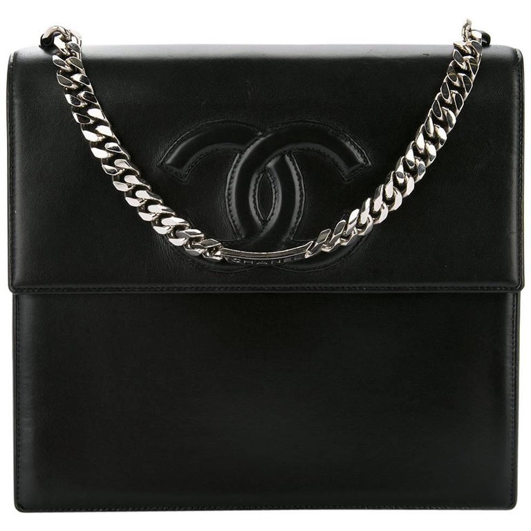 Chanel Black Leather Silver Chain Top Handle Satchel Evening Bag For