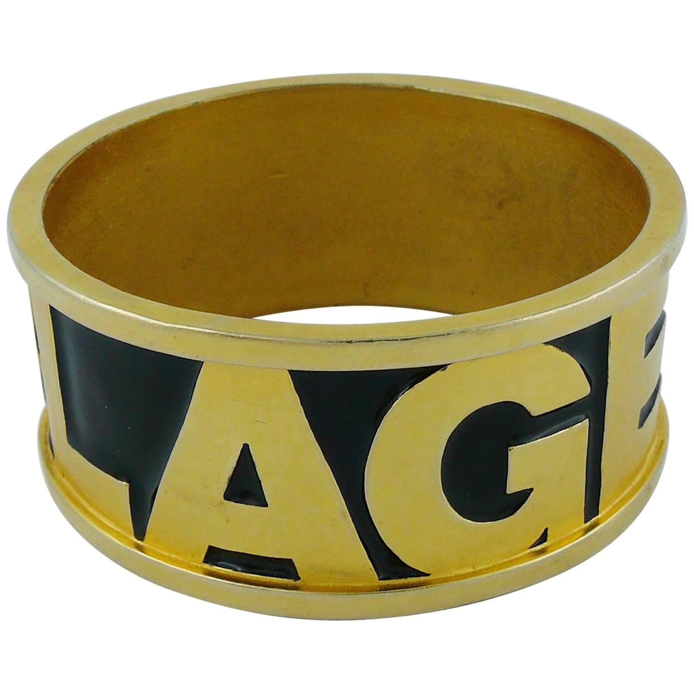 Karl Lagerfeld Vintage Iconic Gold Tone and Black Enamel Cuff Bracelet For Sale