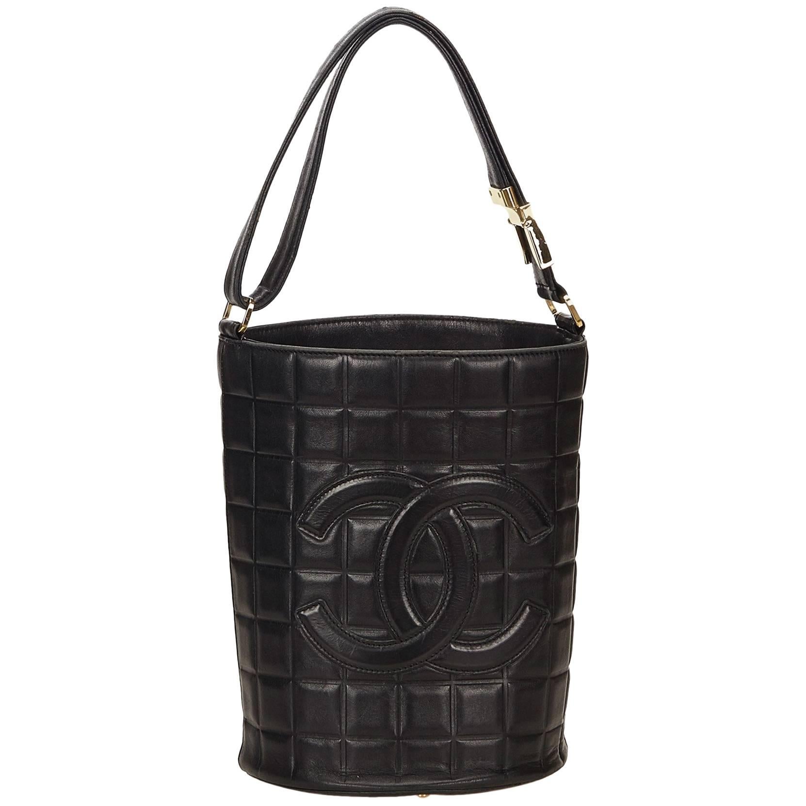 Chanel Black Leather Choco Bar Bucket Shoulder Bag