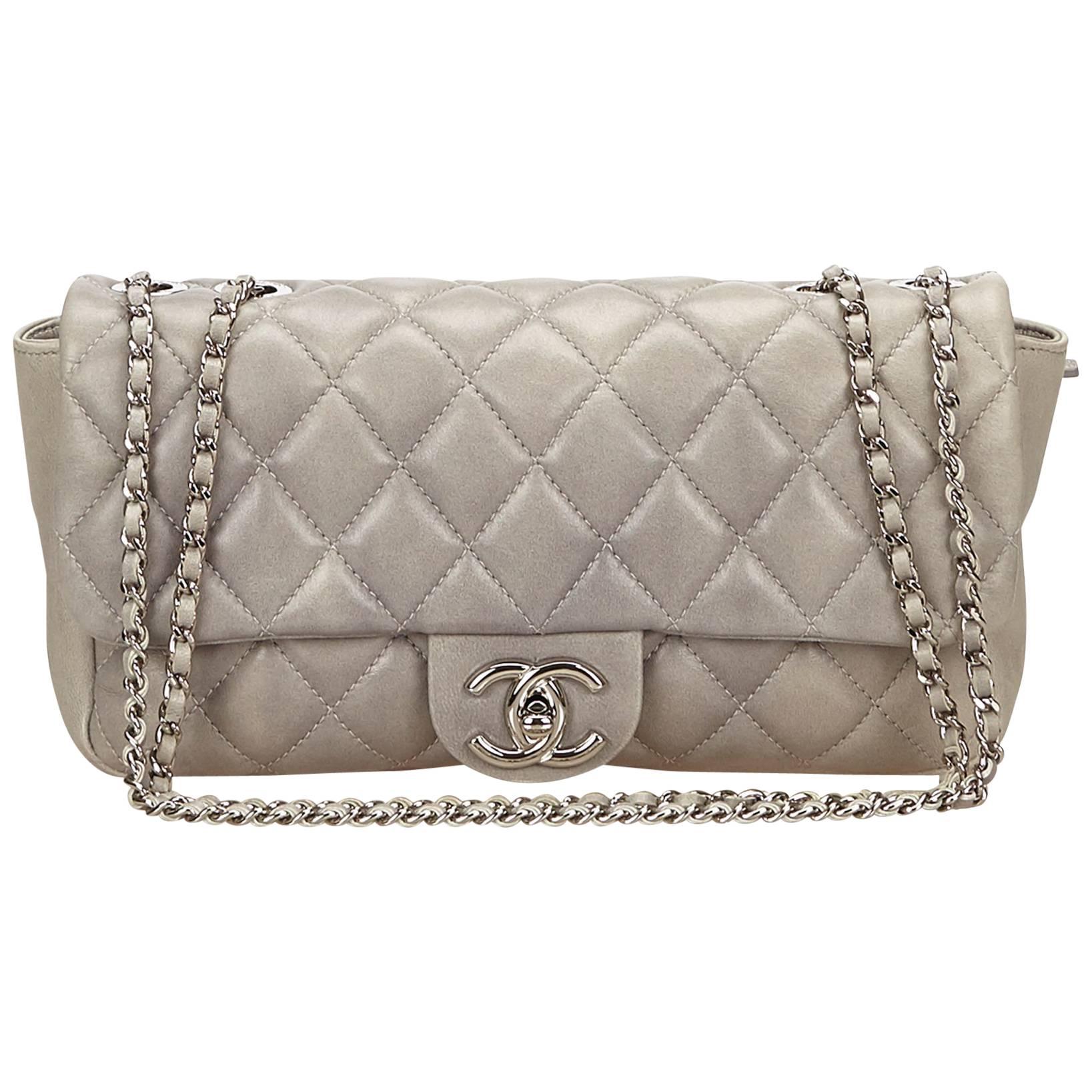 Chanel Gray Matelasse Quilted Lambskin Leather Flap Shoulder Bag 