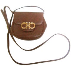 Vintage Salvatore Ferragamo Italy Diminutive Tiny Brown Leather Shoulder Bag 