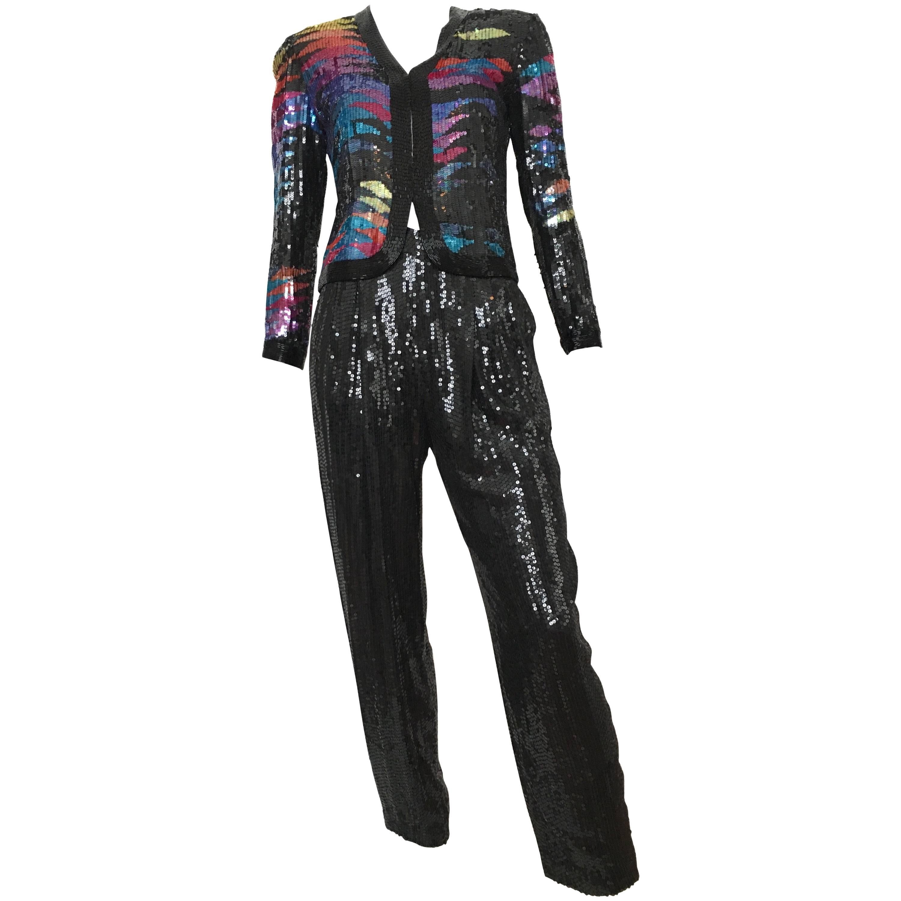 Neil Bieff for Sak's 1980s Sequin Jacket & Pants Set Size 4.  For Sale