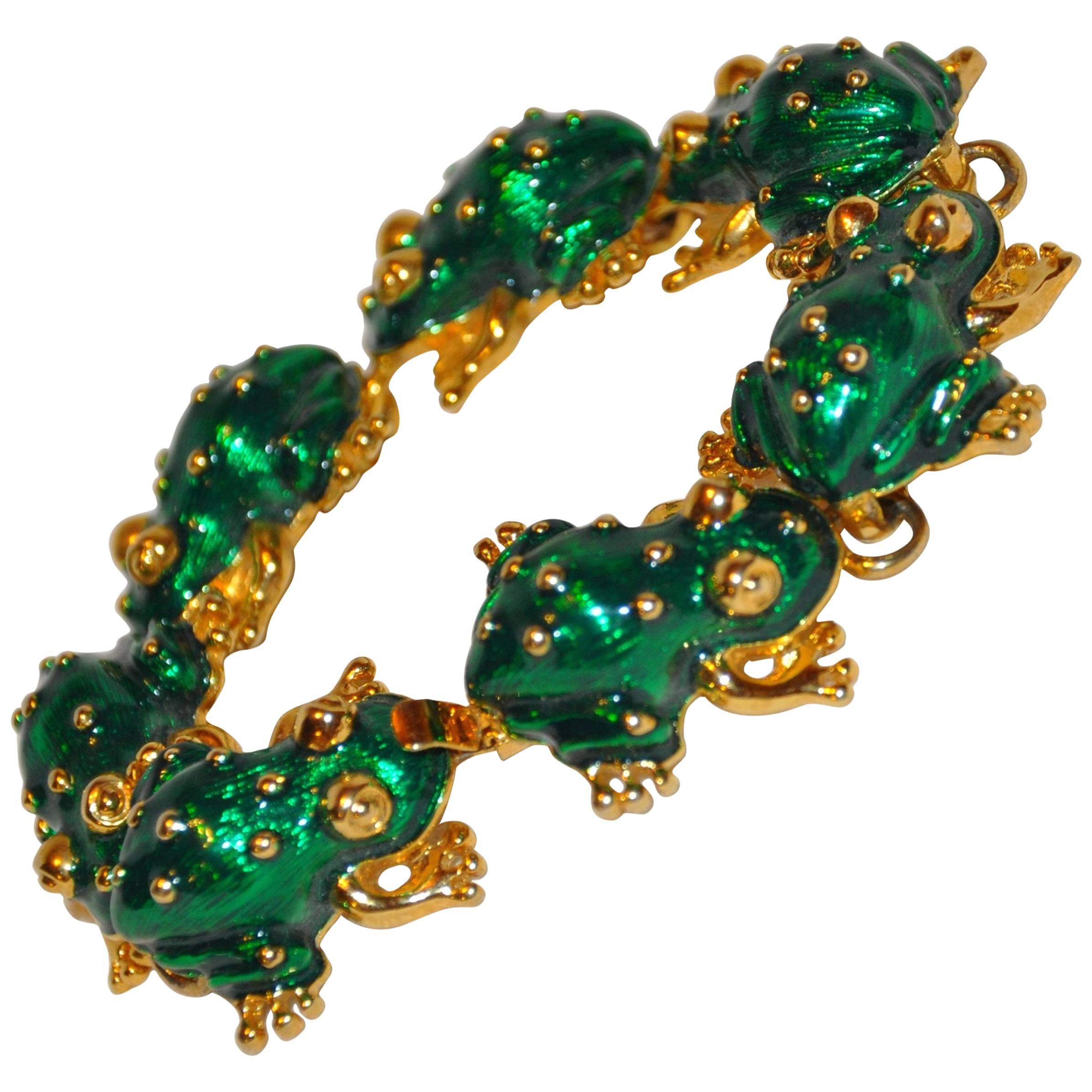 Kenneth Jay Lane "Limited Edition" Green Enamel Multi-Frogs Link Bracelet For Sale
