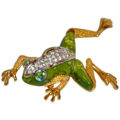 Huge Gilded Gold Vermeil & Multi-Green Enamel "Frog" Brooch