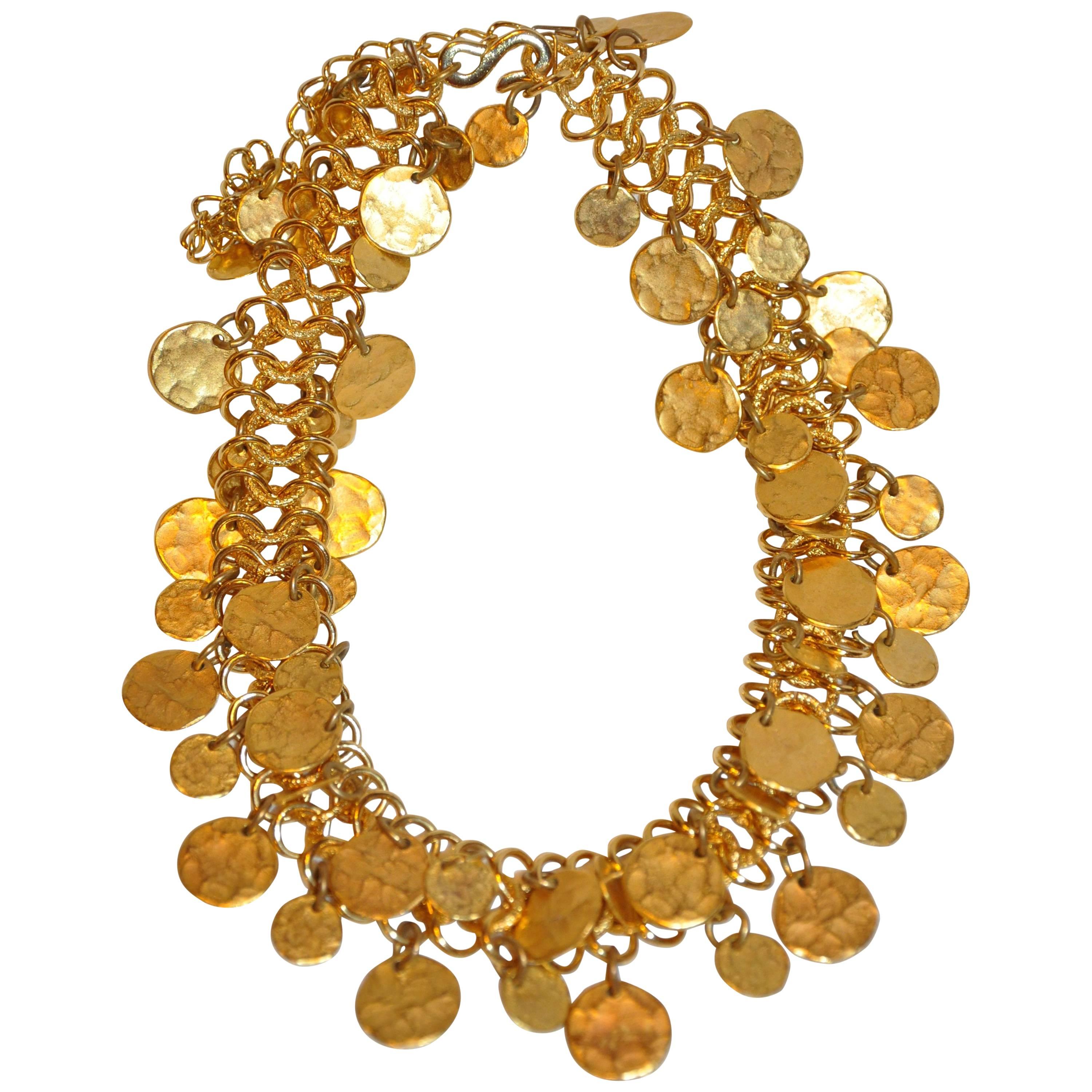 Kenneth Jay Lane Gilded Hammered Gold Multi-Disc Chain-Link Necklace