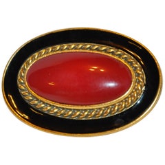Yves Saint Laurent - Grande broche en verre pour goutte d'ambre profond et émail noir