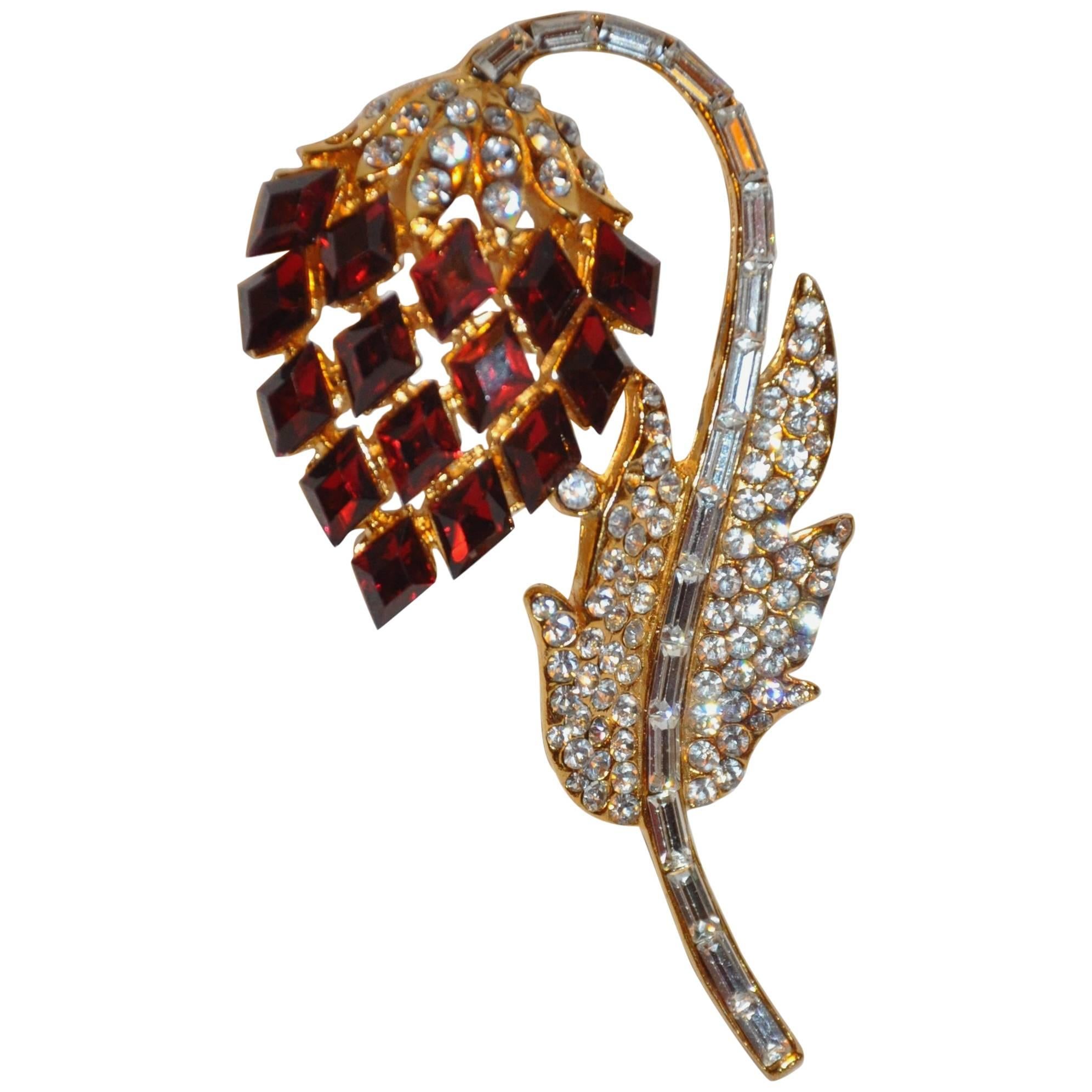 Magnificent Faux Rubies & Diamonds Floral Brooch For Sale