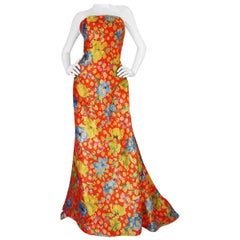 c1998 Sully Bonnelly Red & Gold Floral Strapless & Trained Dress 5