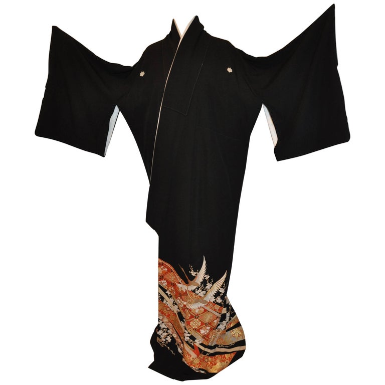Japanese Black Silk Kimono Accented with 