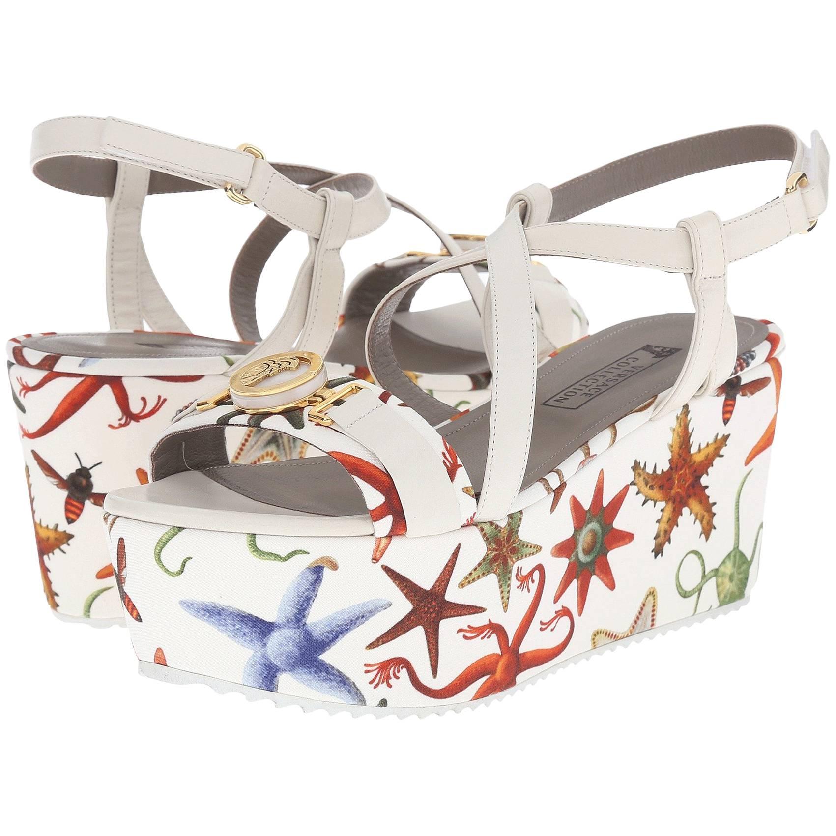 New Versace Sea Stars Print White Leather Textile Wedge Sandals It.39 - US 9