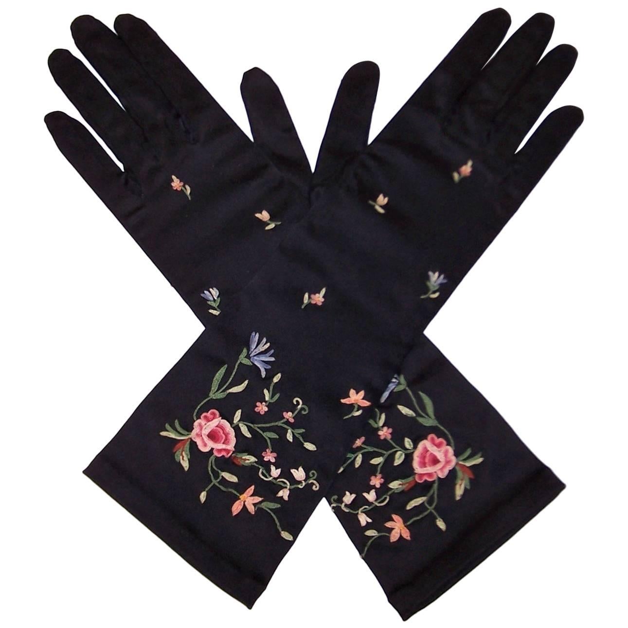 Elegant 1950's Black Satin Embroidered Evening Gloves