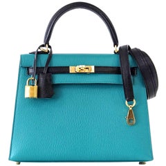 Hermes Kelly 25 Sellier Bag Horseshoe Blue Paon / Black Chevre Mysore Gold 1