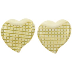 French 1960s Lucite Oversized Heart Clip on Earrings Off-White 
Gilt Color