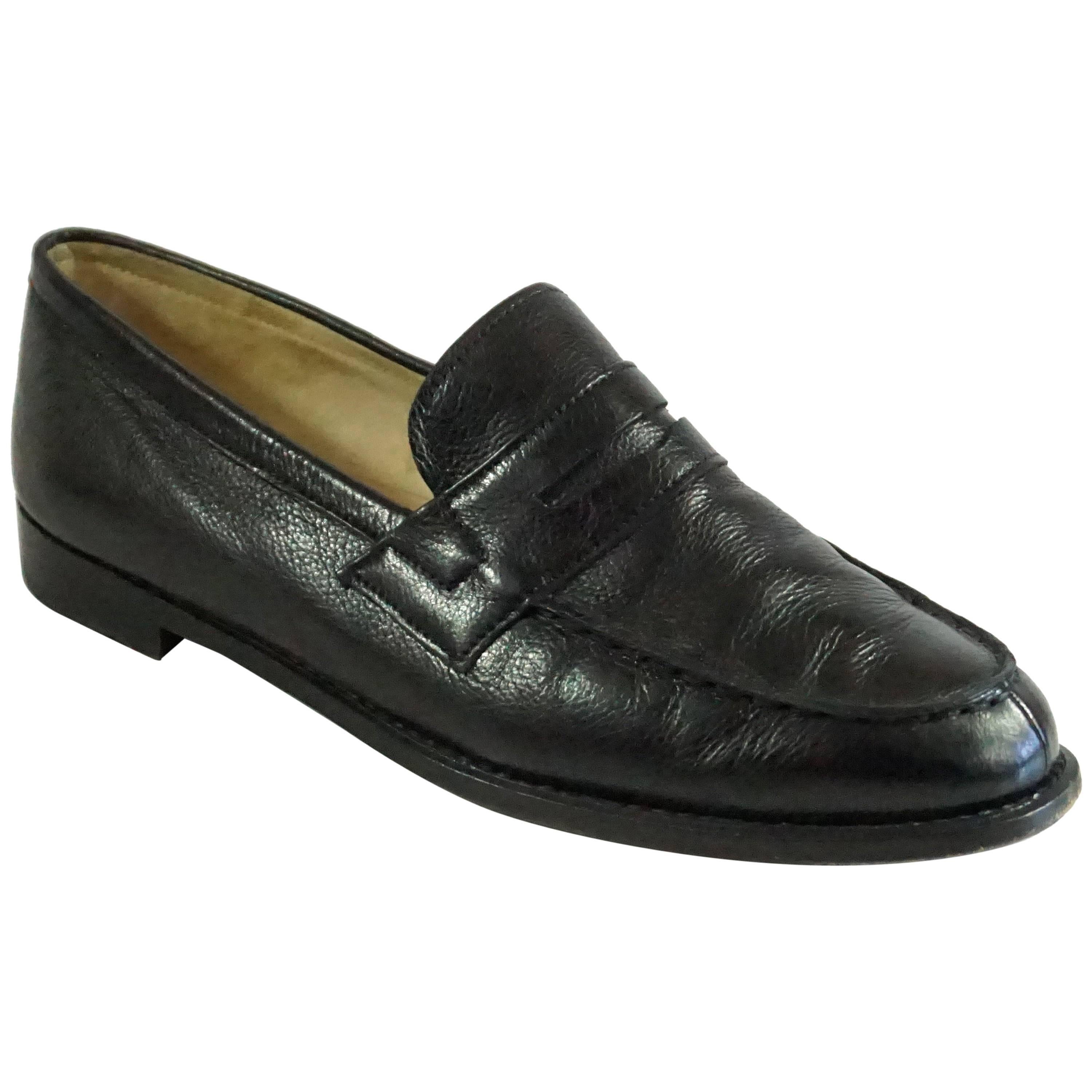 Manolo Blahnik Black Leather Penny Loafers -37.5 For Sale