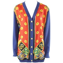 Vintage Celine Blue and Multi Print Silk Knit Cardigan - 46