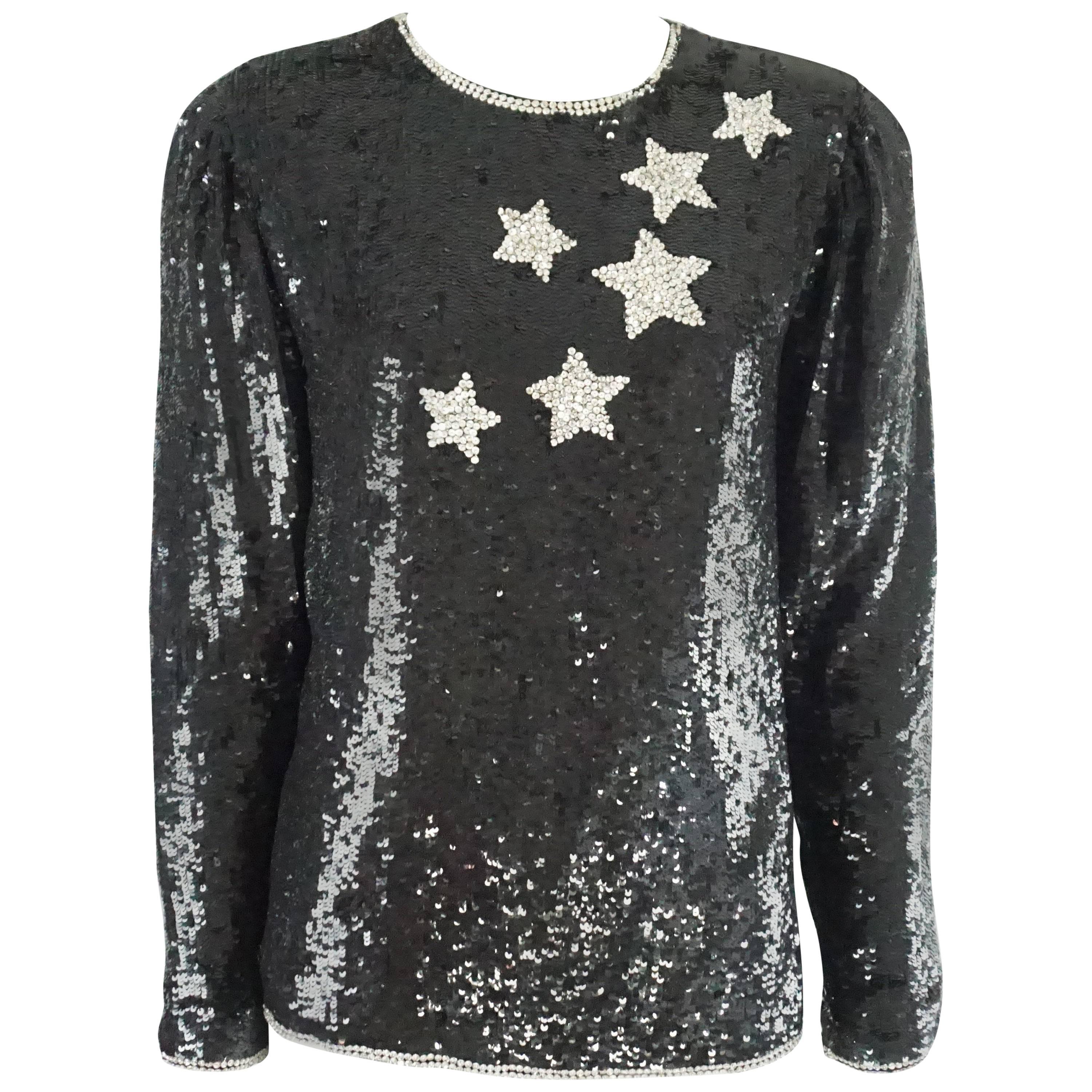 Oscar de la Renta Black Stars Sequin and Bead Top - 6 - 1970s For Sale