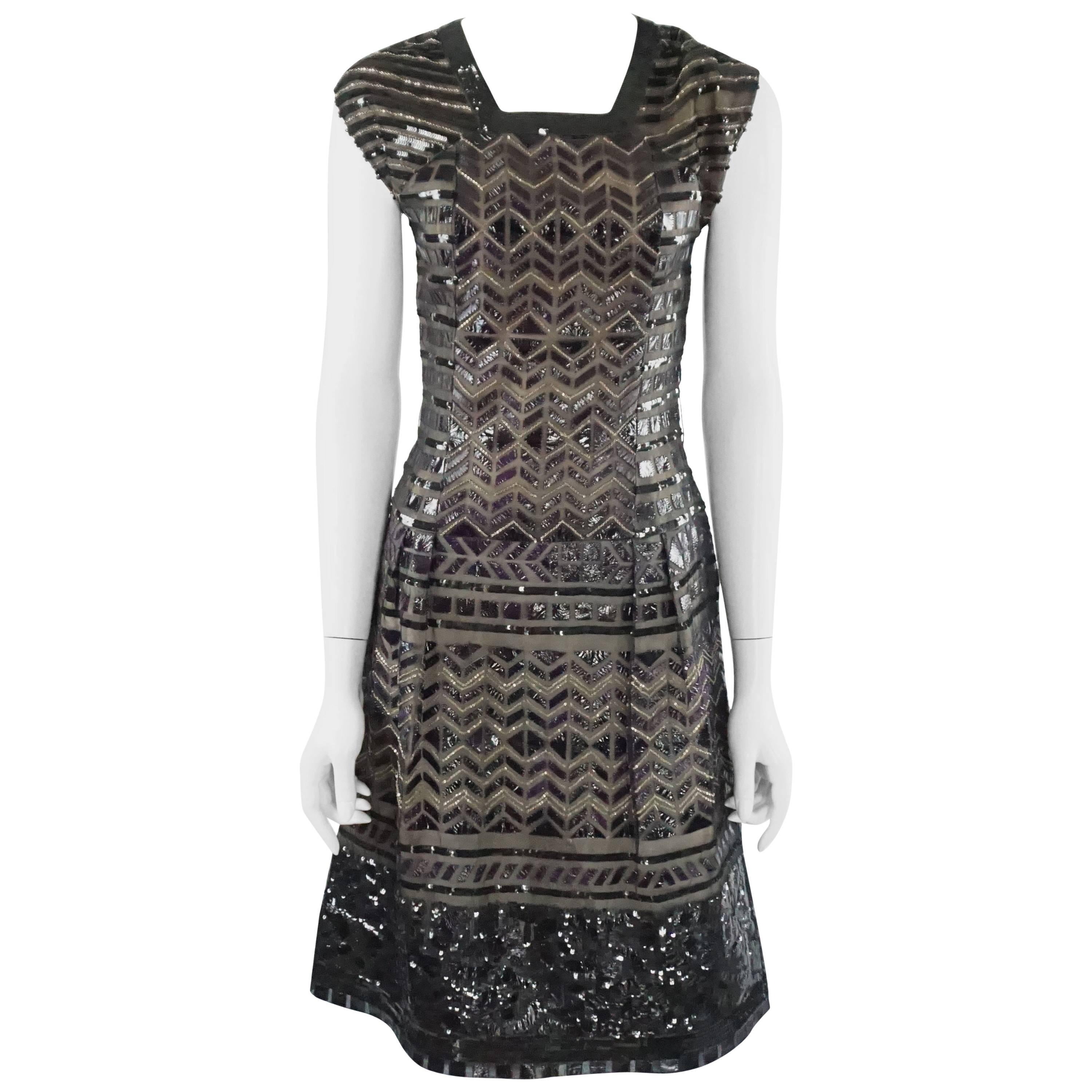Oscar de la Renta Black and Brown Sequin and Leather Applique Dress - M For Sale