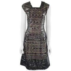 Oscar de la Renta Black and Brown Sequin and Leather Applique Dress - M