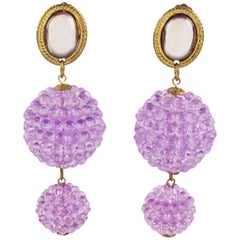 Lovely Vintage 1960s Dangling Lucite Clip-on Earrings Purple Beads
