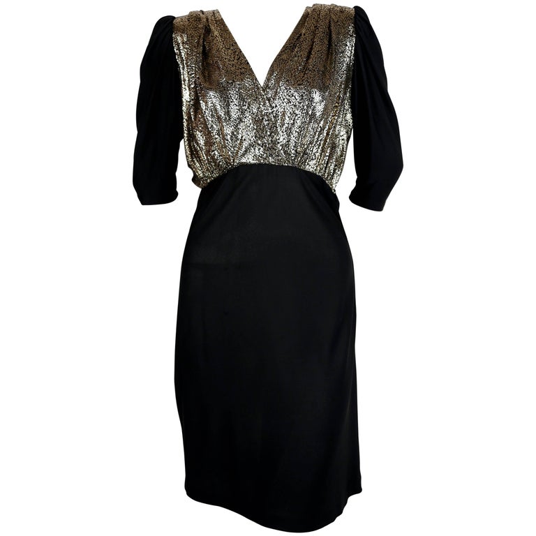 1970's YVES SAINT LAURENT black silk jersey dress with metallic bodice ...