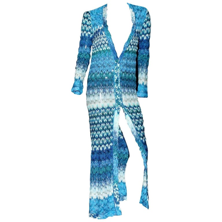 Missoni Metallic Seafoam Blue Crochet Knit Maxi Dress Gown Coat at