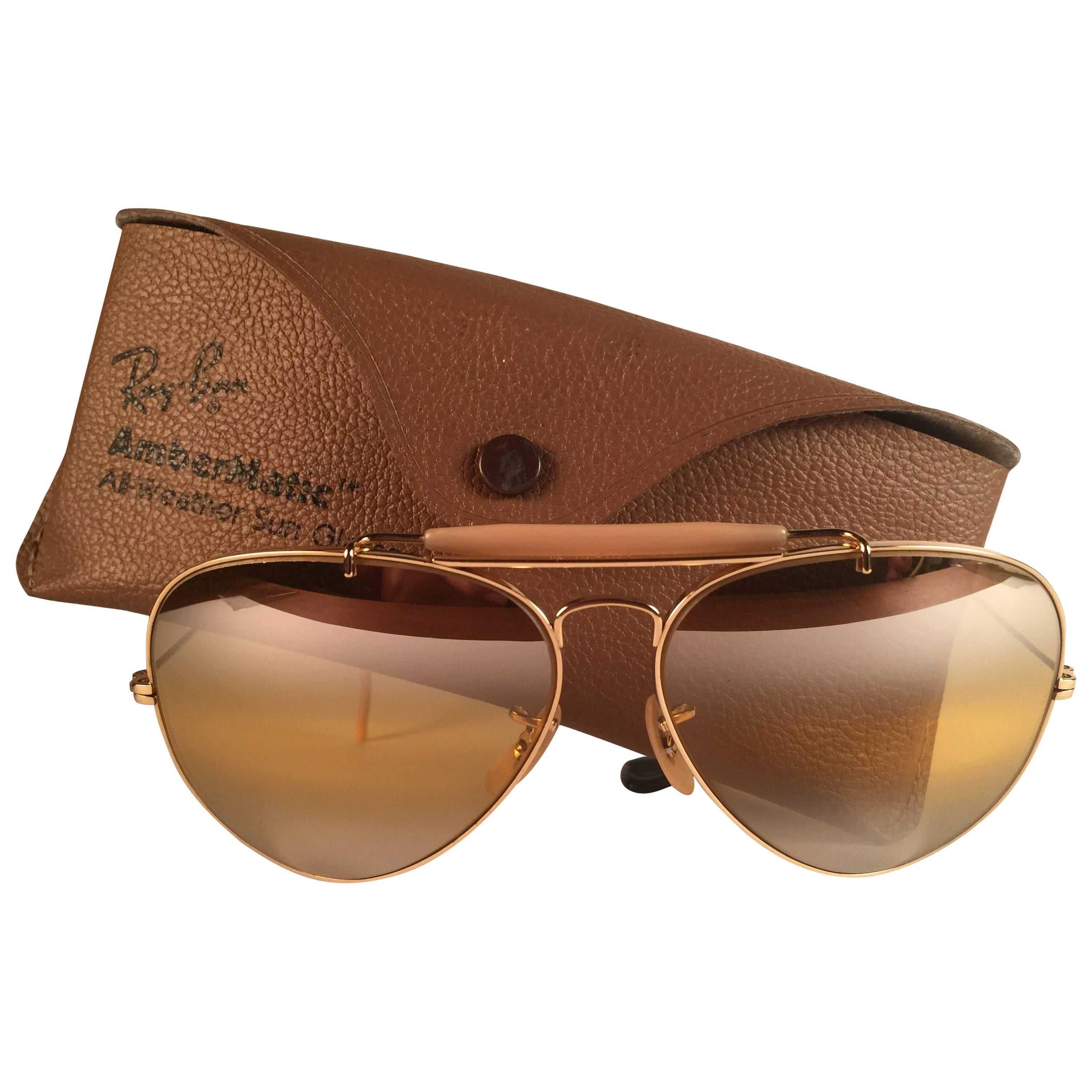 Neue Vintage Ray Ban Aviator Gold Ambermatic Double Mirror 1970's B&L Sonnenbrille