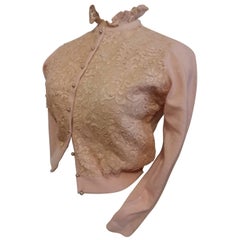1950s Soft Pink Wool Sweater with Belgian Lace Front Panel and Faux Pearls 10