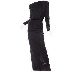 James Galanos Black Wool Jersey Powerful Shoulder Gown With Sleeves