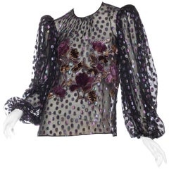 Sheer Oscar De La Renta Metallic Devoré Velvet Blouse 8