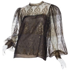 Vintage Oscar De La Renta Sheer Metallic Gold Lace Blouse