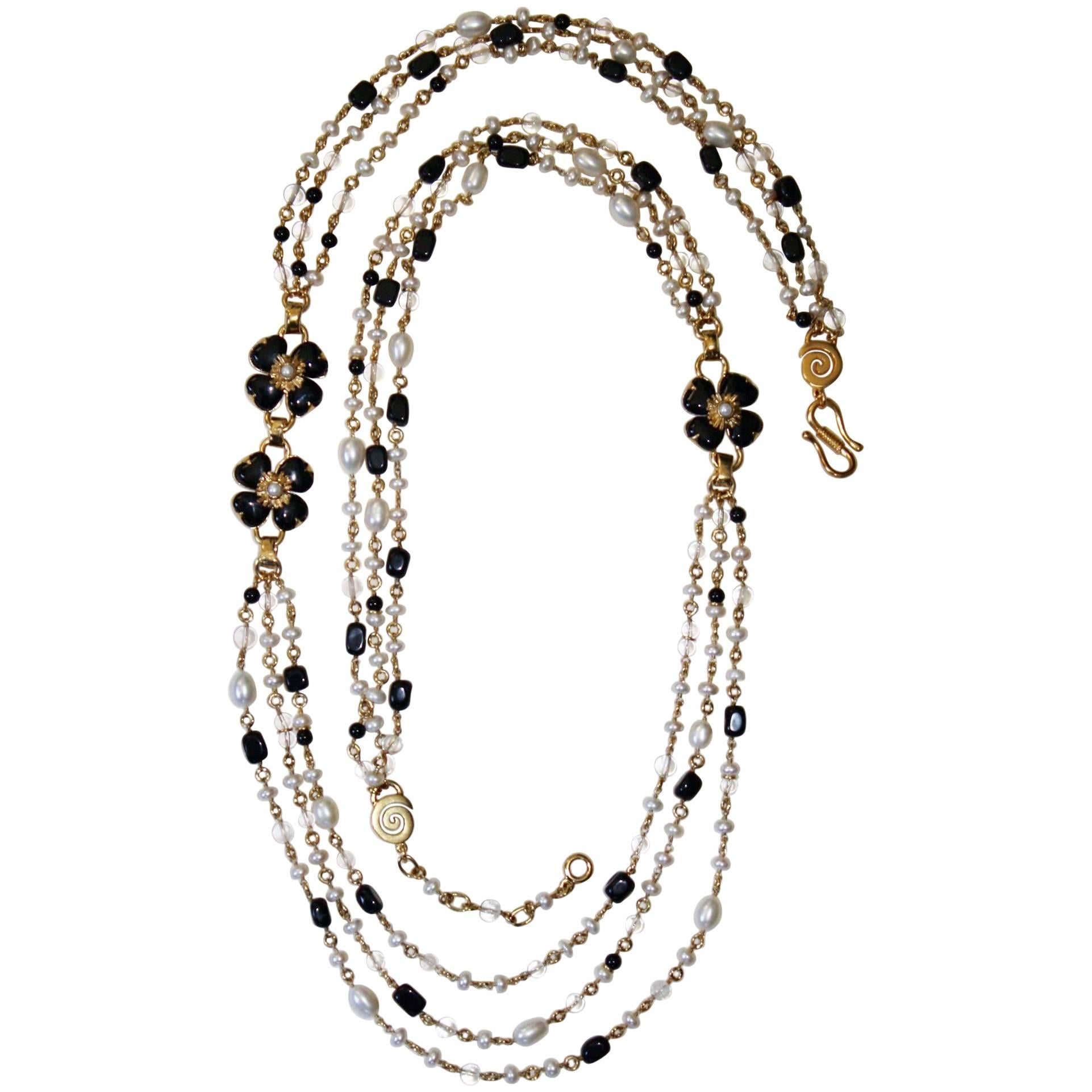 Goossens Paris Black Onyx, Pearl, and Rock Crystal Long Clover Necklace