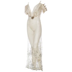Sheer Edwardian Metallic Embroidered and Beaded Lace Dress