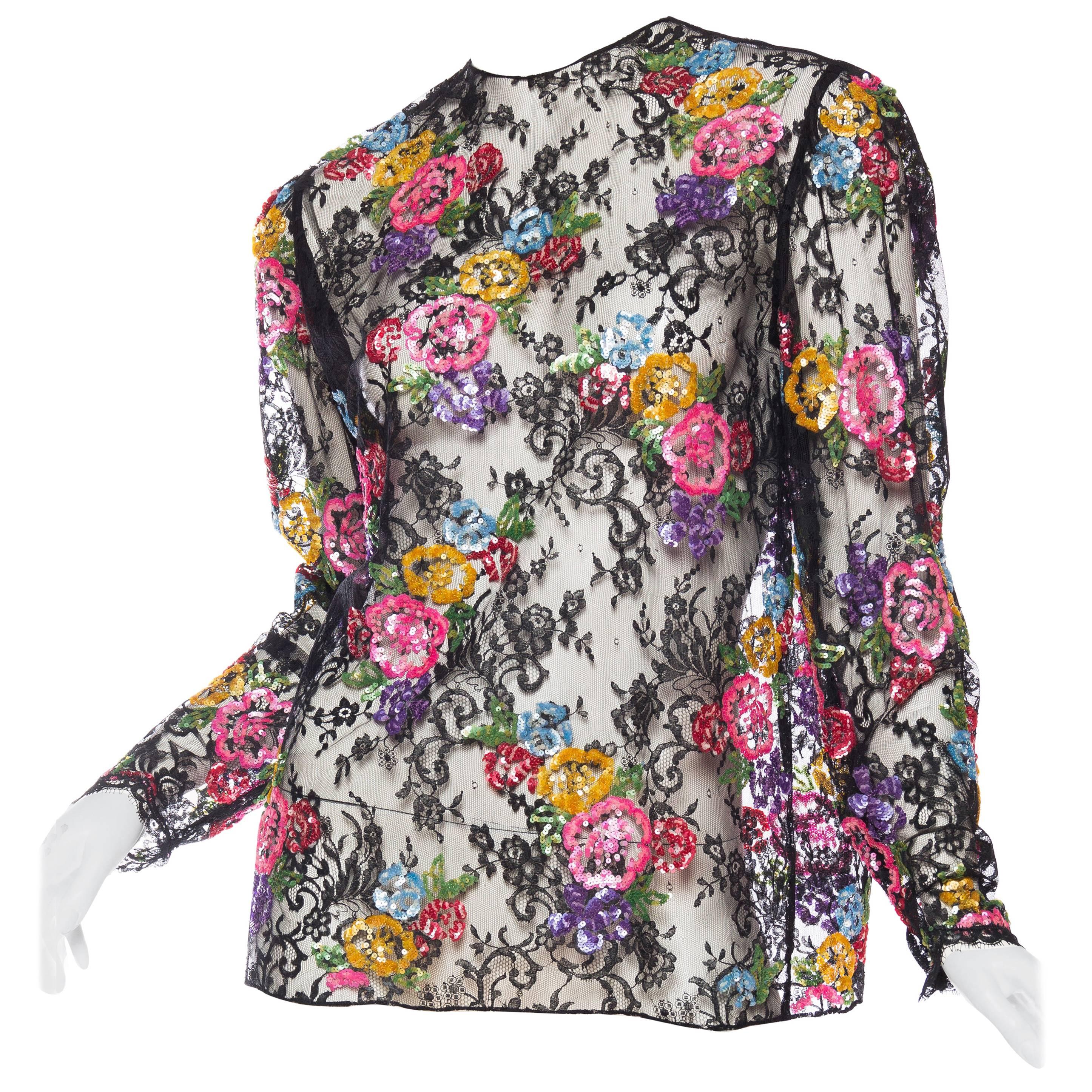 Oscar De La Renta Colourful Sequined Sheer Lace Blouse