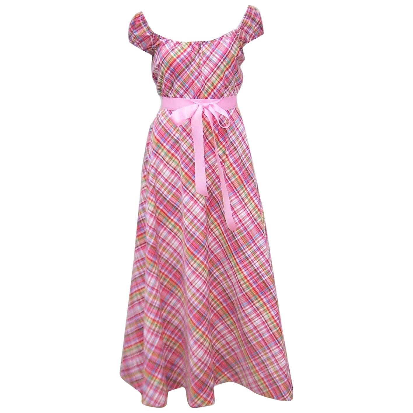 Cute 1970's Clovis Ruffin Cotton Plaid Maxi Dress