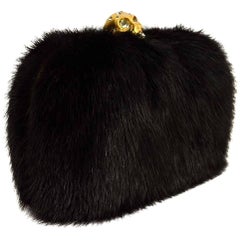 Alexander McQueen Black Mink Fur Skull Box Clutch 