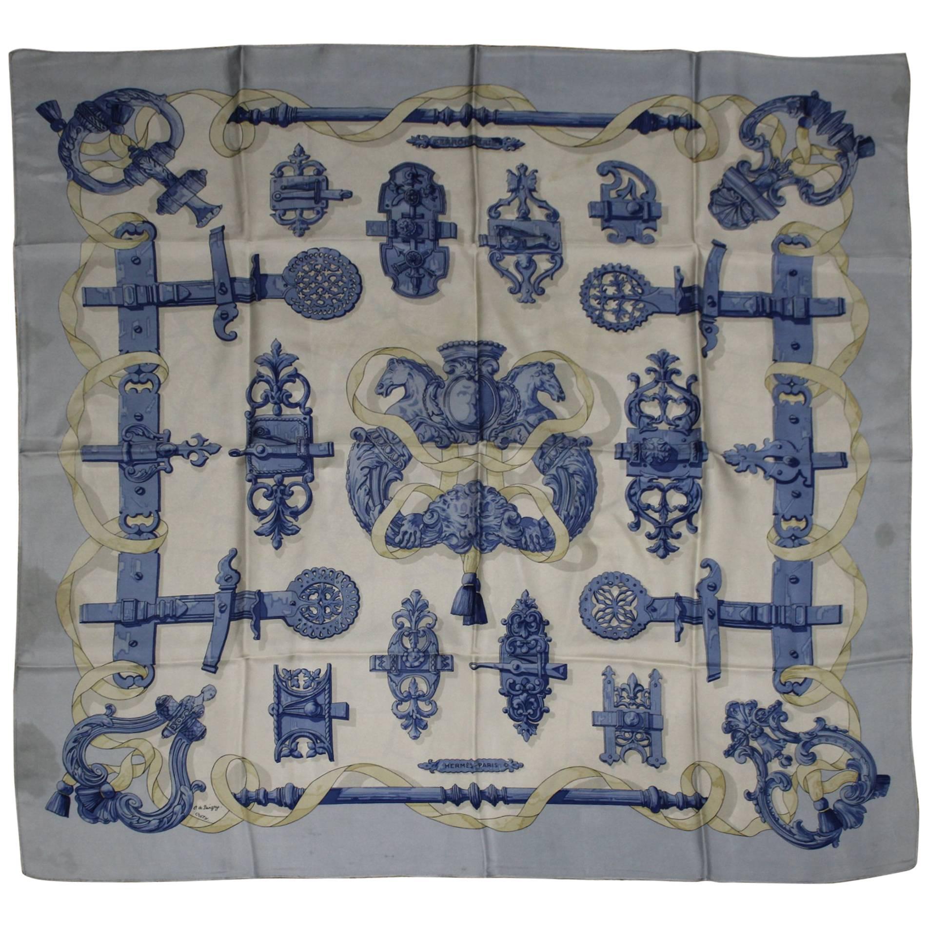 Hermes Vintage Silk Scarf Ferroneries with Blue background