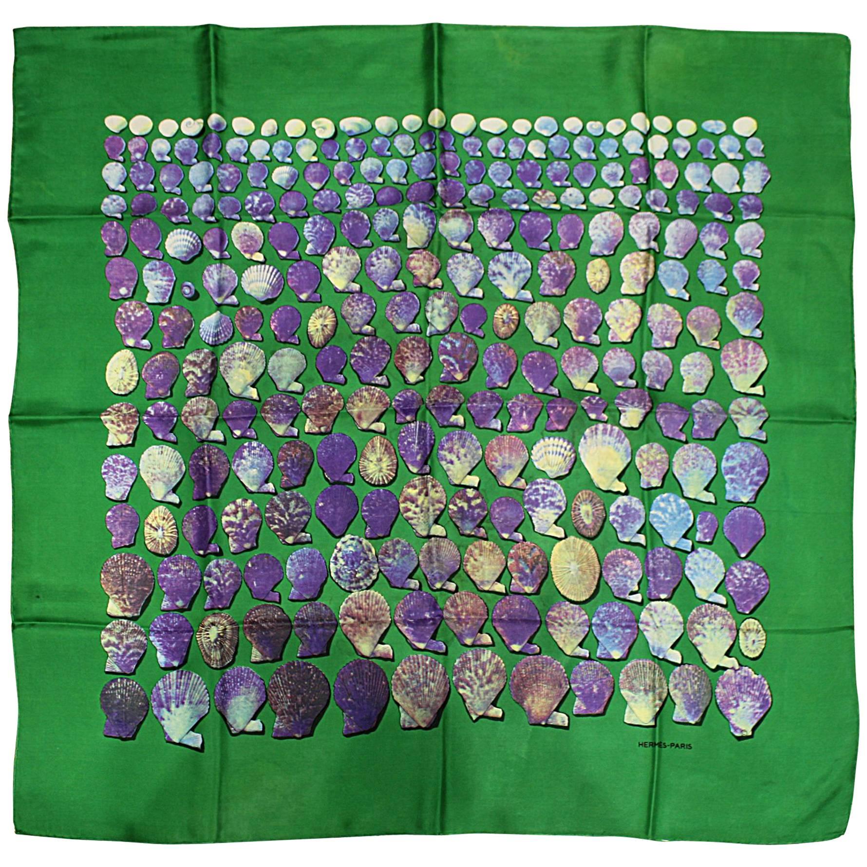 Hermes "Shells" Vintage Silk Scarf in Green Background
