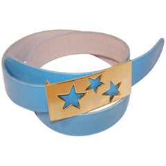 Vintage 1980's Escada Star Gold Tone Buckle & Sky Blue Leather Belt