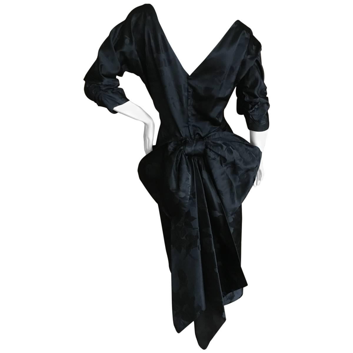 Irene Lenz Hollywood 1940's Black Silk Jacquard Dress with Back Bow For Sale