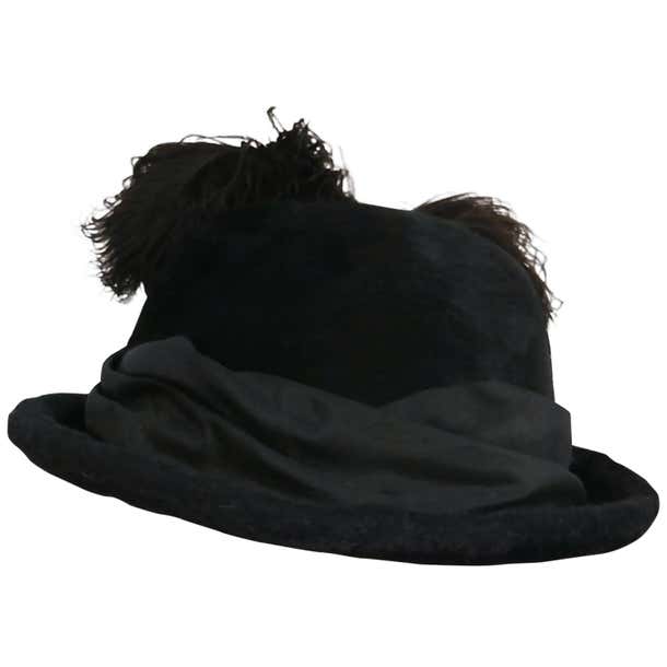 1910s Edwardian Black Hat w/ Silk Ribbon and Ostrich Feather Trim For ...