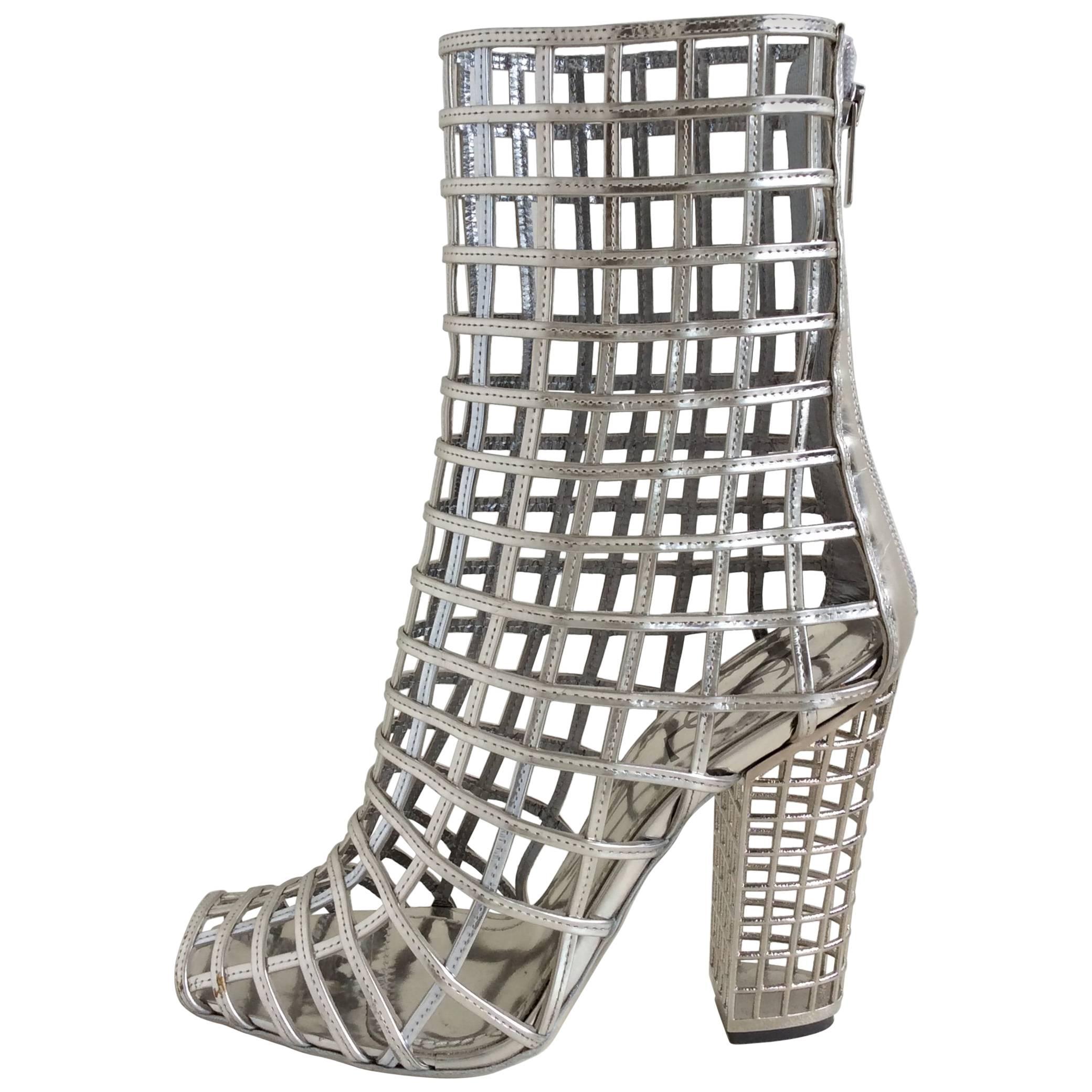 Yves Saint Laurent Silver Cage Peeptoe Booties Size 38