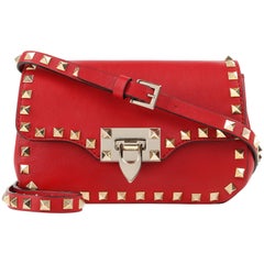 VALENTINO Garavani Red Vitello Leather Gold Stud "Mini Rockstud" Crossbody Purse