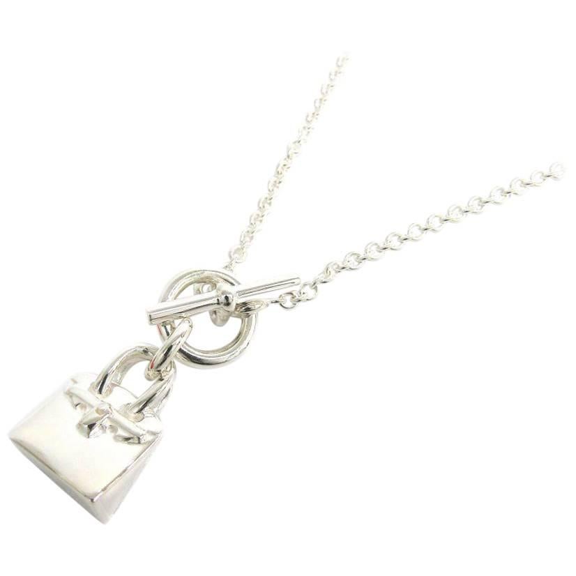 Hermes New Sterling Silver Birkin Bag Charm Chain Link Pendant Necklace 
