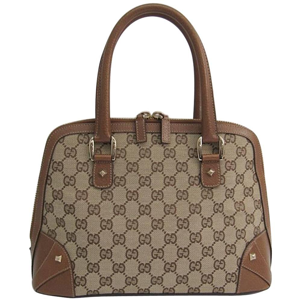 Gucci Monogram Canvas GG Leather Trim Medium Gold Top Handle Satchel Bag