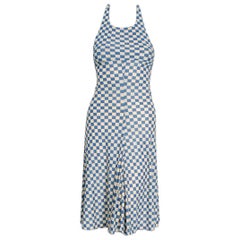 1970's Biba London Blue & Ivory Checkered Print Jersey Halter Hourglass Dress