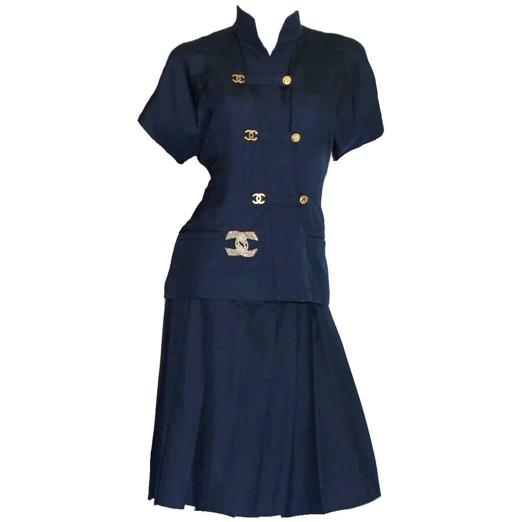 Vintage Chanel Blue Doupioni Silk Mao Mandarin Style Skirt Suit CC Logo Details