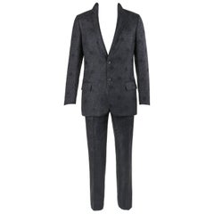 VALENTINO A/W 2005 2 Pc Black & Navy Blue Jacquard Silk Jacket Pant Suit Set