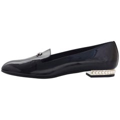 Chanel NEW 2017 Black Patent Leather CC Loafers w/ Pearl Heel Sz 39 
